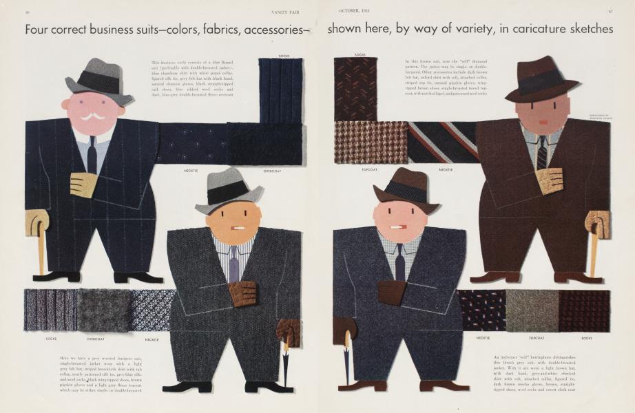 Four correct business suits—colors, fabrics, accessories-shown here, by way of variety, in caricature sketches